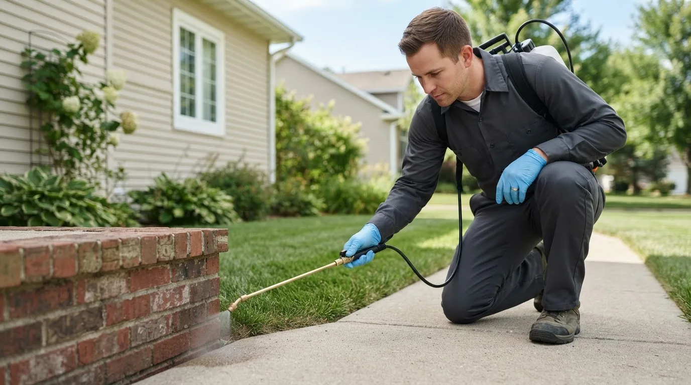 Pest control technician treating a home near Bloomington, MN